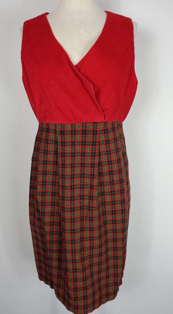 1950s‎ Unlabeled Red Corduroy & Plaid Wiggle Dress